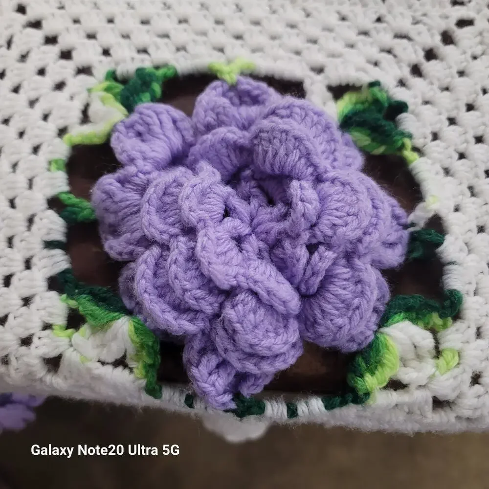 Crochet purple white raise flower blanket coverlet Handmade twin full bedspread